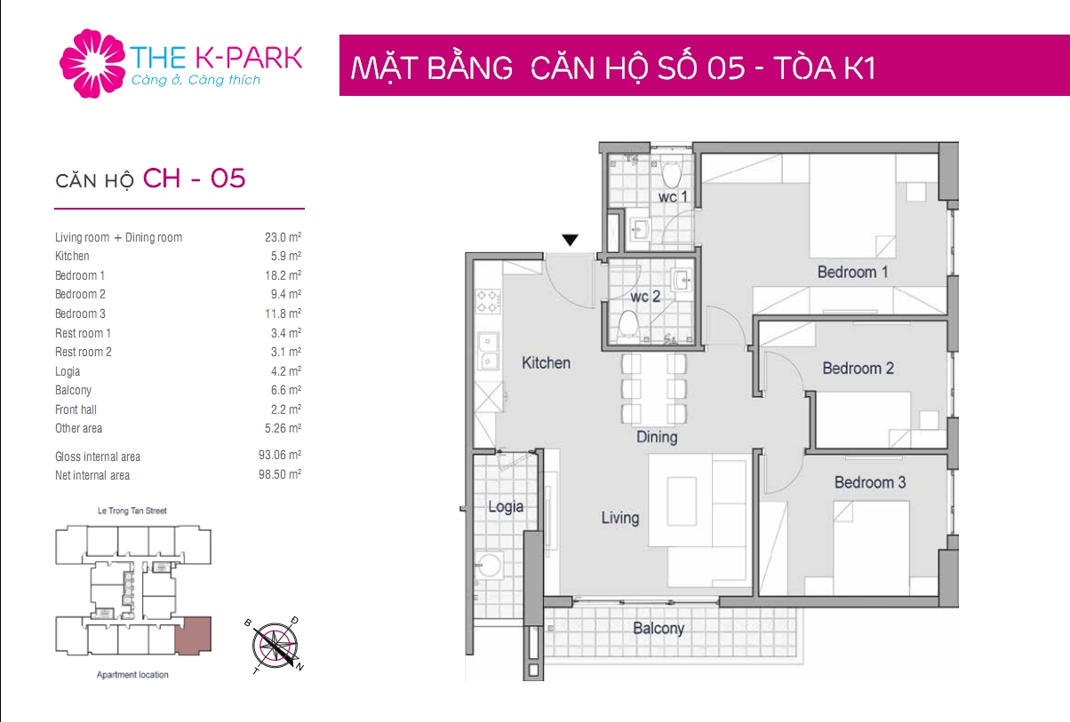 mặt bằng thiết kế căn hộ CH-05 toà K1, K2, K3 The K Park Văn Phú