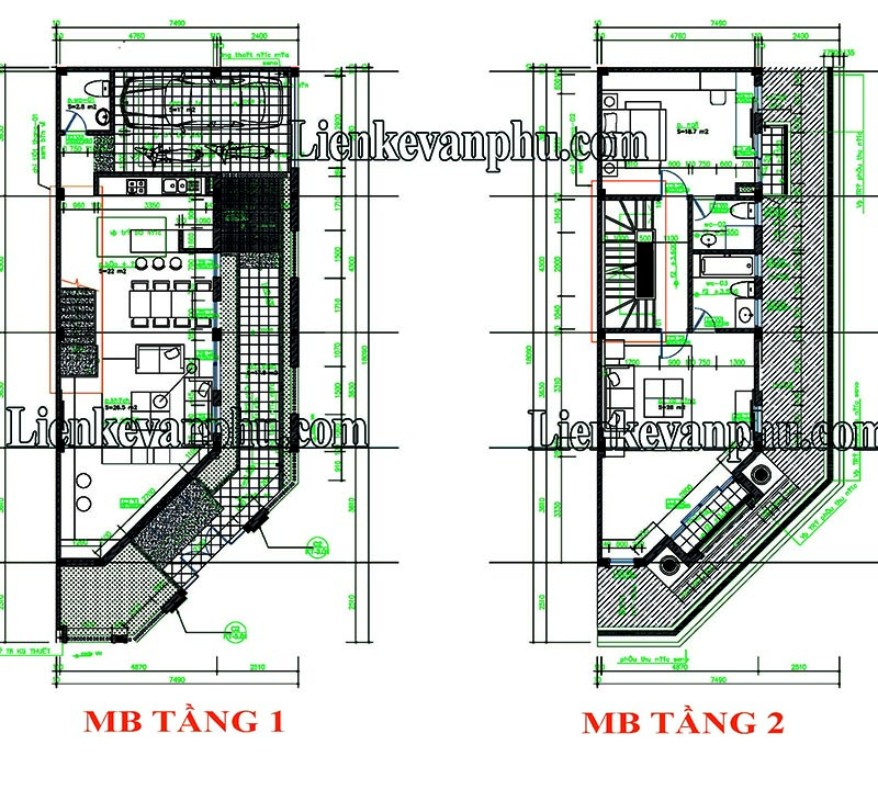 Thiết kế căn góc 4 tầng liền kề V5 V6 Văn Phú 