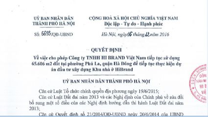 Nội dung quyết định của UBND Thành Phố Hà Nội Về việc cho phép Công ty TNHH HI BRAND Việt Nam tiếp tục sử dụng 65.606 m2 đất tại phường Phú La, quận Hà Đông